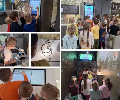 Zdjęcia przedstawiające naukę poprzez zabawę w muzeum.