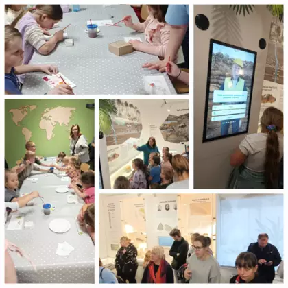 Mozaika pięciu zdjęć i ostatnie sali muzeum i z warsztatów plastycznych, podczas których dzieci malowały małe figurki dinozaurów.