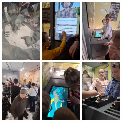 Mozaika sześciu zdjęć głównie z dziećmi, które dotykają ekranów z quizem, karmią dinozaura, robią odbitki stempelkami, szukają skamieniałości w piaskownicy paleontologicznej.