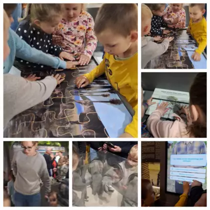 Mozaika sześciu zdjęć głównie z dziećmi układającymi wielkie puzzle lub klocki, kopiące w piaskownicy i rozwiązujące quiz.