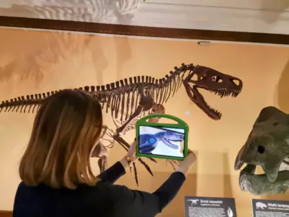 Zdjęcie. Kobieta trzyma przed sobą tablet i ogląda dinozaura w ciele przykładając go do szkieletu dinozaura nazwanego Smok wawelski.