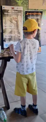 Na zdjęciu widać chłopca obróconego do nas tyłem, w żółtej czapce i żółtych krótkich spodenkach oraz w białej bluzce z krótkim rękawkiem i z dinozaurami. Chłopiec stoi koło drewnianej ławy i trzyma w rękach figurkę z rauizuchem. Z tyłu stoi roll-up z reklamą Muzeum Paleontologicznego w Lisowicach.