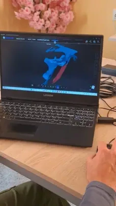 Na ekranie laptopa, na czarnym tle, widać kształt zeskanowanej skamieniałej kości. Kształt ma niebieski kolor.