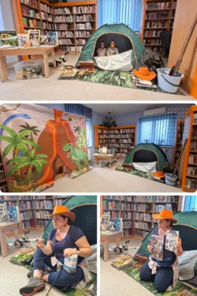 Mozaika składająca się z pięciu zdjęć z zajęć o paleontologii i geologii. Pierwsze zdjęcie ukazuje wnętrze biblioteki, w którym dwie dziewczynki siedzą w rozłożonym zielonym namiocie; obok niego znajduje się niski stolik z książkami i gazetkami poświęconymi wykopaliskom w Lisowicach. Drugie zdjęcie przedstawia to samo wnętrze biblioteki bez dzieci, z widoczną po lewej stronie fototapetą przedstawiającą dinozaury, wulkan oraz prehistoryczną roślinność. Trzecie i czwarte zdjęcie ukazują kobietę w roboczym stroju oraz pomarańczowym kowbojskim kapeluszu siedzącą przed zielonym namiotem i trzymającą narzędzia paleontologiczne i geologiczne.